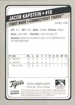 2014 Choice Connecticut Tigers #16 Jacob Kapstein Back
