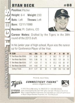 2013 Choice Connecticut Tigers #08 Ryan Beck Back