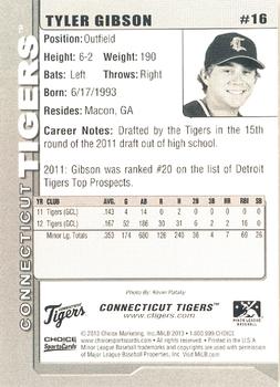 2013 Choice Connecticut Tigers #16 Tyler Gibson Back
