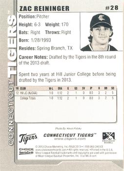 2013 Choice Connecticut Tigers #28 Zac Reininger Back