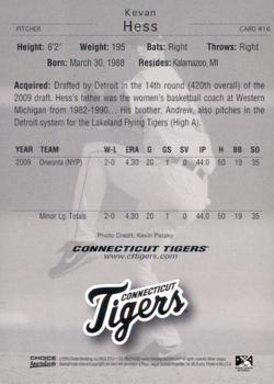 2010 Choice Connecticut Tigers #16 Kevan Hess Back