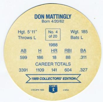 1989 Holsum Discs #4 Don Mattingly Back