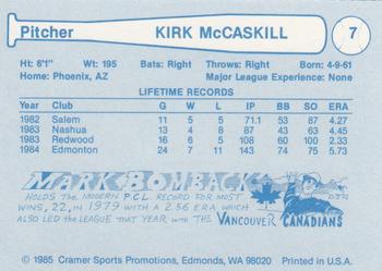 1985 Cramer Edmonton Trappers #7 Kirk McCaskill Back