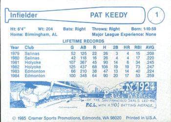 1985 Cramer Edmonton Trappers #1 Pat Keedy Back