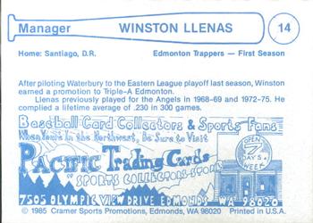 1985 Cramer Edmonton Trappers #14 Winston Llenas Back