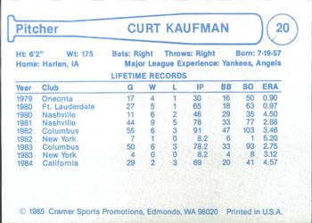 1985 Cramer Edmonton Trappers #20 Curt Kaufman Back