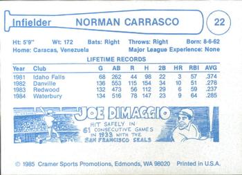 1985 Cramer Edmonton Trappers #22 Norman Carrasco Back
