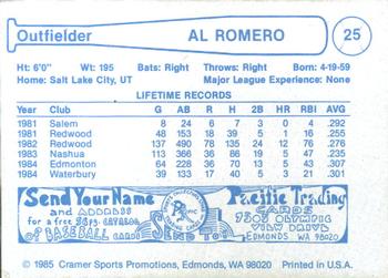 1985 Cramer Edmonton Trappers #25 Al Romero Back
