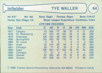 1985 Cramer Tucson Toros #64 Tye Waller Back