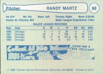 1985 Cramer Tucson Toros #66 Randy Martz Back