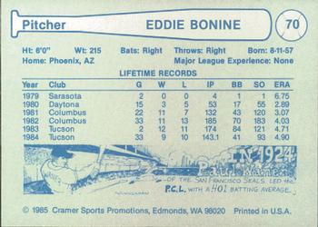 1985 Cramer Tucson Toros #70 Eddie Bonine Back