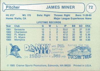 1985 Cramer Tucson Toros #72 James Miner Back