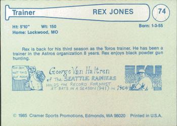1985 Cramer Tucson Toros #74 Rex Jones Back