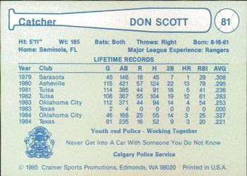 1985 Cramer Calgary Cannons #81 Don Scott Back