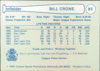 1985 Cramer Calgary Cannons #93 Bill Crone Back