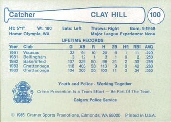 1985 Cramer Calgary Cannons #100 Clay Hill Back