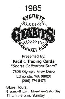 1985 Pacific Everett Giants II #NNO Dave Hornsby Back