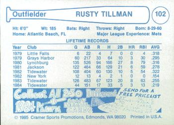 1985 Cramer Las Vegas Stars #102 Rusty Tillman Back