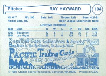 1985 Cramer Las Vegas Stars #104 Ray Hayward Back