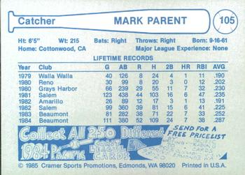 1985 Cramer Las Vegas Stars #105 Mark Parent Back