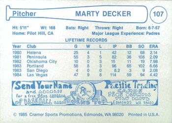 1985 Cramer Las Vegas Stars #107 Marty Decker Back