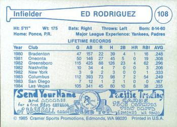 1985 Cramer Las Vegas Stars #108 Ed Rodriguez Back