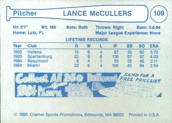 1985 Cramer Las Vegas Stars #109 Lance McCullers Back