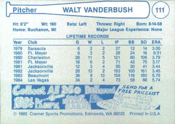 1985 Cramer Las Vegas Stars #111 Walt Vanderbush Back
