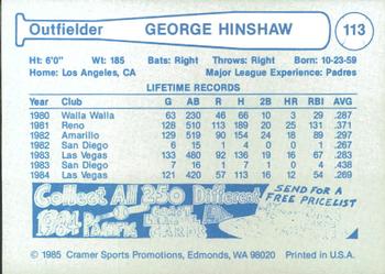 1985 Cramer Las Vegas Stars #113 George Hinshaw Back