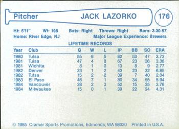 1985 Cramer Phoenix Giants #176 Jack Lazorko Back