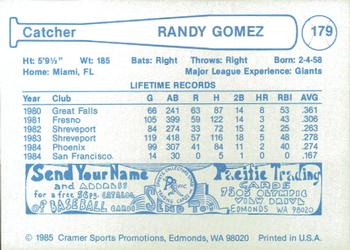1985 Cramer Phoenix Giants #179 Randy Gomez Back