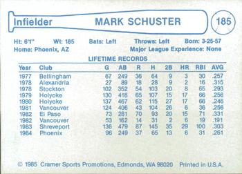 1985 Cramer Phoenix Giants #185 Mark Schuster Back