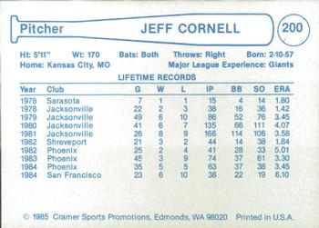 1985 Cramer Phoenix Giants #200 Jeff Cornell Back