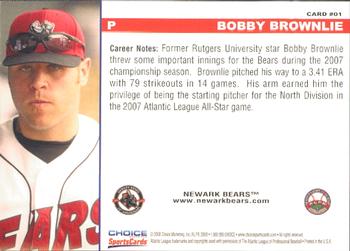 2008 Choice Newark Bears 10th Anniversary #1 Bobby Brownlie Back