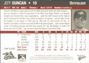 2008 MultiAd Somerset Patriots #13 Jeff Duncan Back