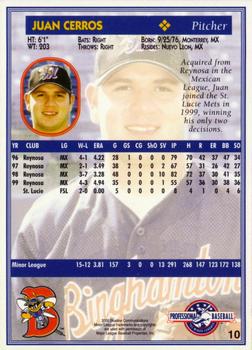 2000 Blueline Q-Cards Binghamton Mets #10 Juan Cerros Back