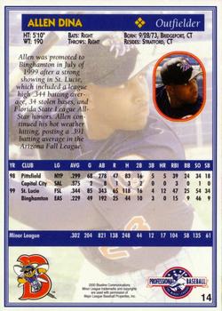 2000 Blueline Q-Cards Binghamton Mets #14 Allen Dina Back