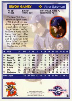 2000 Blueline Q-Cards Binghamton Mets #16 Bryon Gainey Back