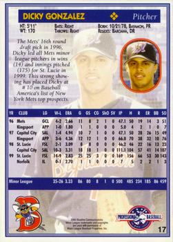 2000 Blueline Q-Cards Binghamton Mets #17 Dicky Gonzalez Back