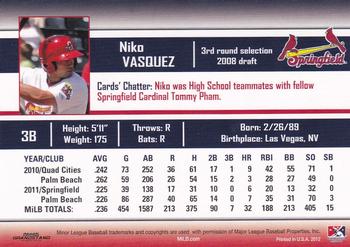 2012 Grandstand Springfield Cardinals #NNO Niko Vasquez Back