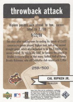 1999 Upper Deck Retro - Throwback Attack Level 2 #T11 Cal Ripken Jr.  Back