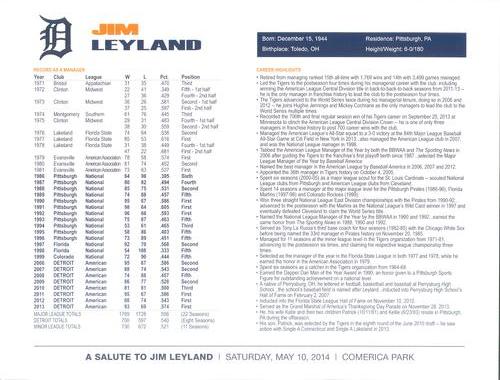 2014 Detroit Tigers Salute to Jim Leyland #NNO Jim Leyland Back