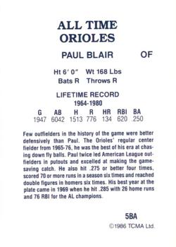 1986 TCMA All-Time Baltimore Orioles #5BA Paul Blair Back