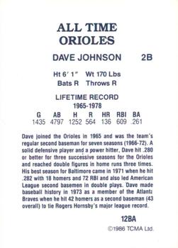 1986 TCMA All-Time Baltimore Orioles #12BA Dave Johnson Back