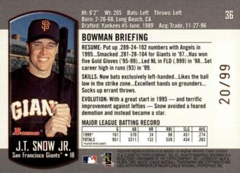 2000 Bowman - Gold #36 J.T. Snow Jr. Back