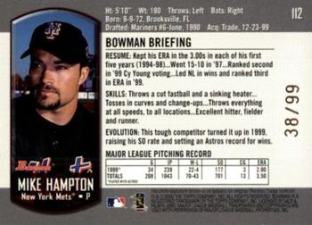 2000 Bowman - Gold #112 Mike Hampton  Back