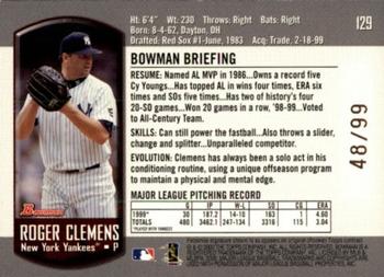 2000 Bowman - Gold #129 Roger Clemens  Back