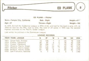 1979 Cramer Phoenix Giants #8 Ed Plank Back