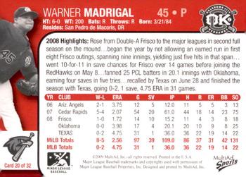 2009 MultiAd Oklahoma City RedHawks #20 Warner Madrigal Back