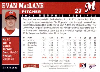 2009 MultiAd Memphis Redbirds #17 Evan MacLane Back